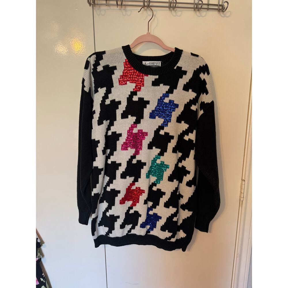 Houndstooth Multicolored Sequin Vintage Sweater Large